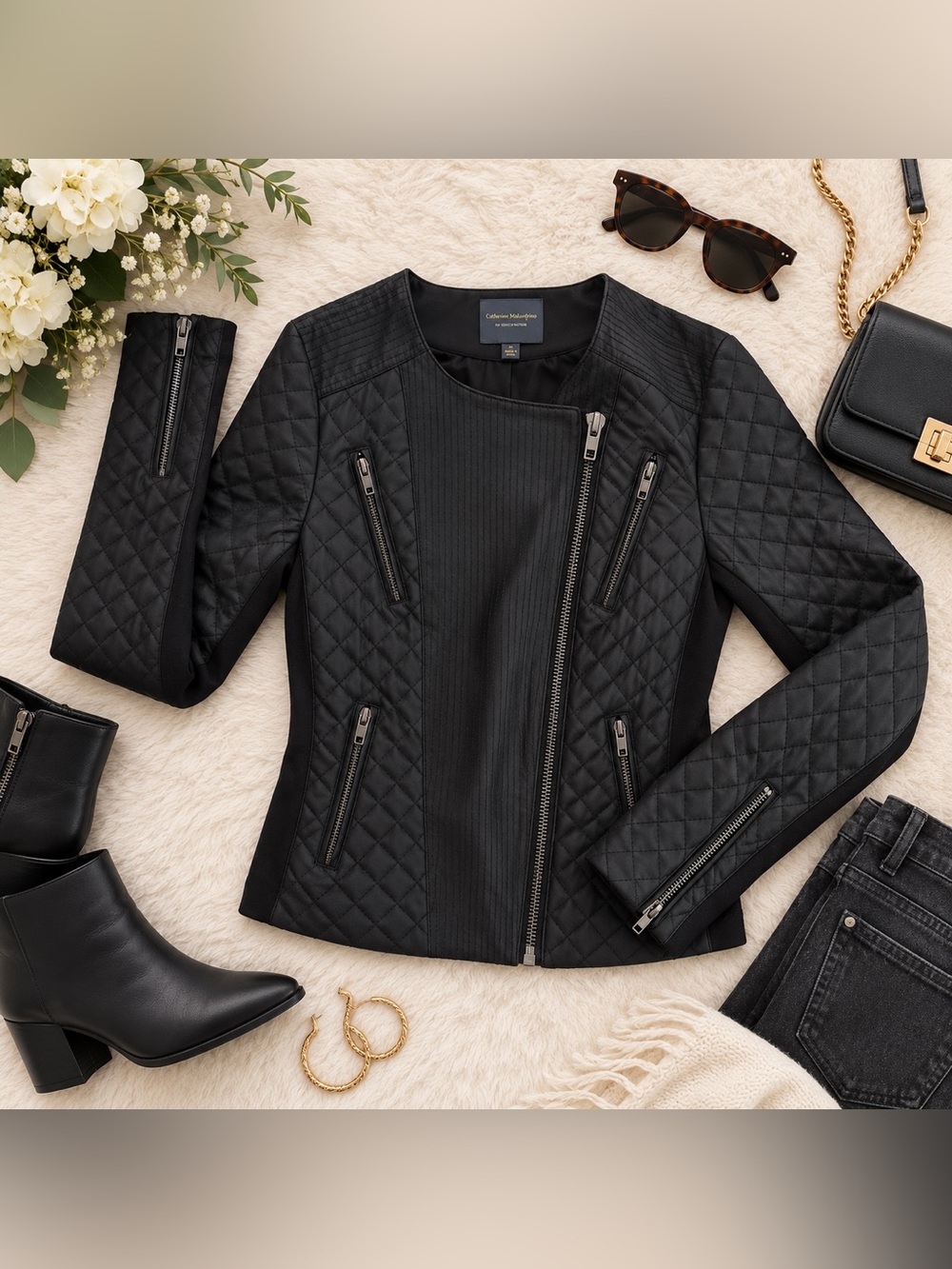 Catherine Malandrino for Design Nation Black Quilted Moto Jacket Size S